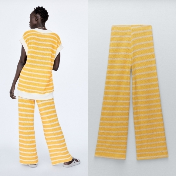 Zara Rustic Striped Knit High Waist Pants & Top Loungewear Set NWT Medium - Picture 5 of 15